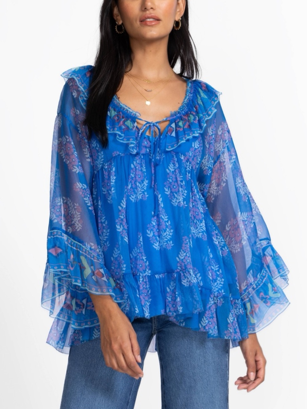 NWT Johnny Was Gal Floral Ruffle Tie Blouse - Carolyne